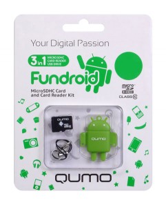Карта памяти Qumo microSDHC 16GB class 10 + Fundroid USB Card Reader Green