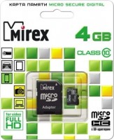 Карта памяти Mirex microSDHC Class 10 4GB + SD adapter