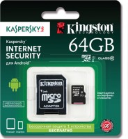 Карта памяти Kingston SDCX10/64GB-KL MicroSDHC Class10 Kaspersky edition + adapter
